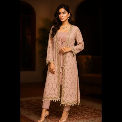 Pastel Peach Indowestern Suit With Shaded Net Jacket 46