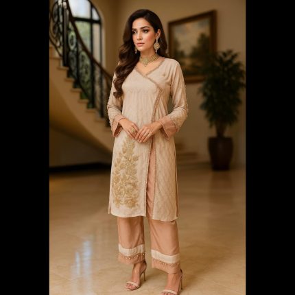 Ivory And Peach Indowestern Handwork Suit With Rose Gold Embellishments 44