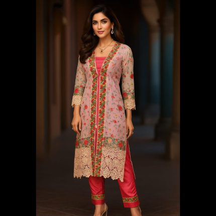 Tomato Red Suit With Net Multicolored Embroidered Indowestern Jacket 42