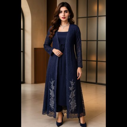 Navy Blue Indowestern Jacket Syle Suit With Embroidered Patches 42