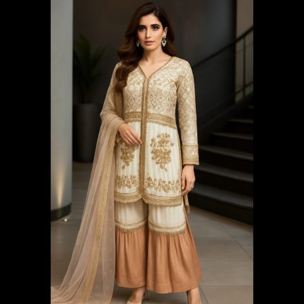 White And Rosegold Intricate Design Top With Shimmer Garara And Rosegold Dupatta 38