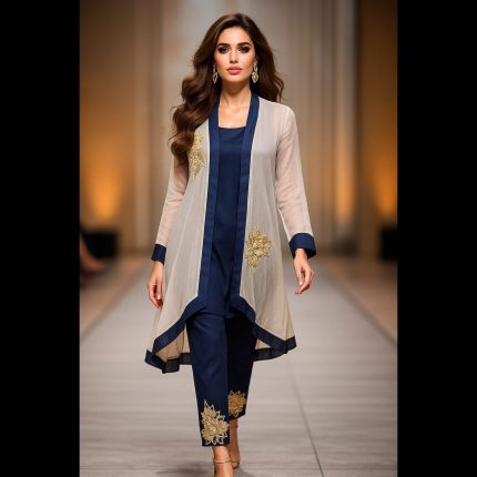 Blue Suit With Soft Blush Petal Handwork Motifs Indowestern Jacket 38