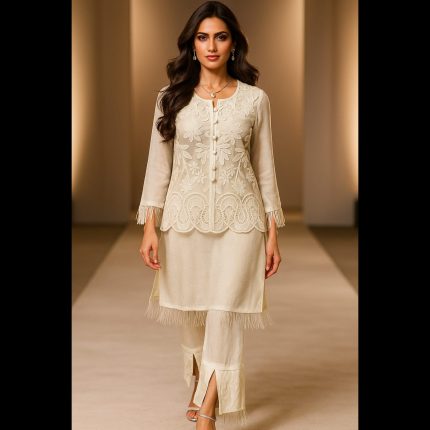 White Indowestern Suit With Sequin Short Jacket 38