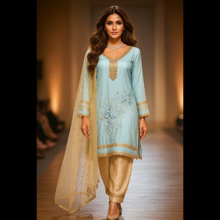 Powder Blue Top With Jacquard Pant And Dupatta 44