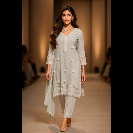 Pastel Green And Off-white 3D Floral Pakistani Style Designer Suit 44