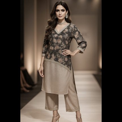 Beige And Black Floral Sequined Handwork lace Indowestern Top With Pant 38