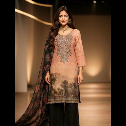 Dull Peach Printed Floral Embroidered Designer Suit 50
