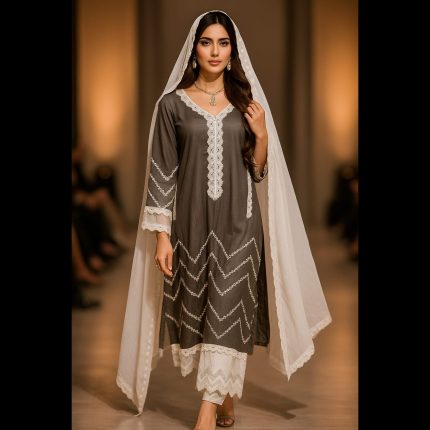 Dark Gray And Off-white Mirrorwork Pakistani Style Embroidered Designer Suit 50