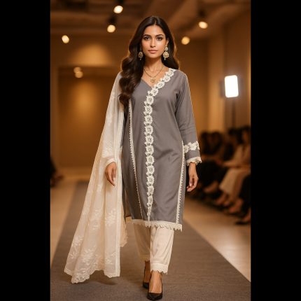 Grey And Off-white Pakistani Style Designer Suit 50