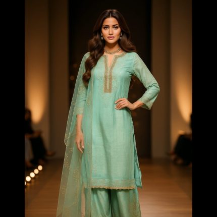 Light Turquoise Blue Embroidered Top With Jacquard Palazzo 50