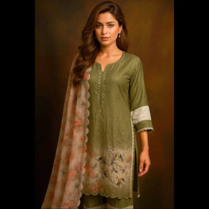 Green Multicolored Digital Printed Mirrorwork Embroidered Pakistani Style Designer Suit 50