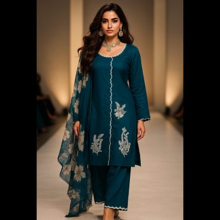 Teal Blue And Off-white Pakistani Style Embroidered Designer Suit 50