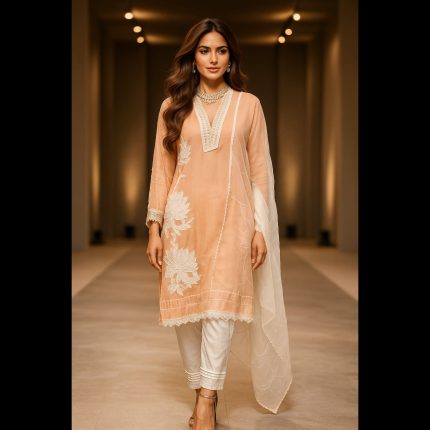 Peach And Off-white Floral Patchwork Suit 48