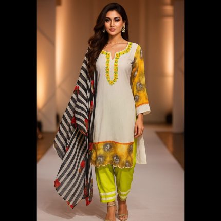 White And Green Multicolored Pakistani Style Embroidered Designer Suit 48