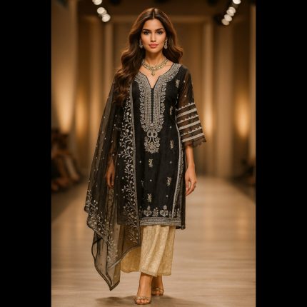 Black Suit With Gold Jacquard Sharara 48