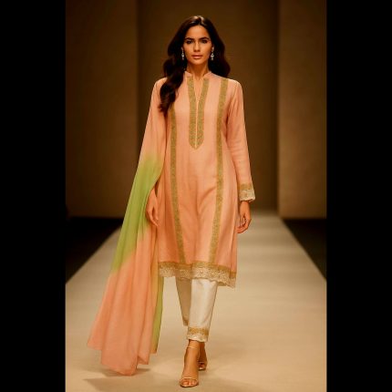 Light Coral Peach Embroidered Lace Designer Suit  48