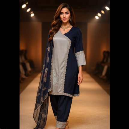 Powder Greyish Blue And Navy Blue Patchwork Designer Suit 48