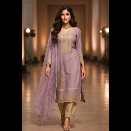 Lilac And Gold Embroidered Suit With Jacquard Pant And Net Dupatta 48