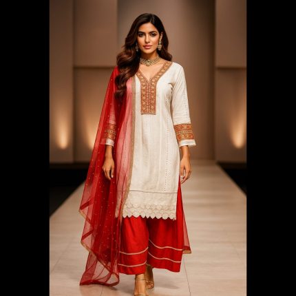 White And Red Chikankari Pakistani Style Embroidered Designer Suit 48