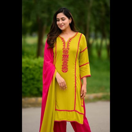 Lime Green And Pink Embroidered Designer Suit 48