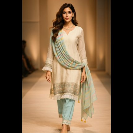 Cream & Blue Ethnic Suit with Multicolor Dupatta 46