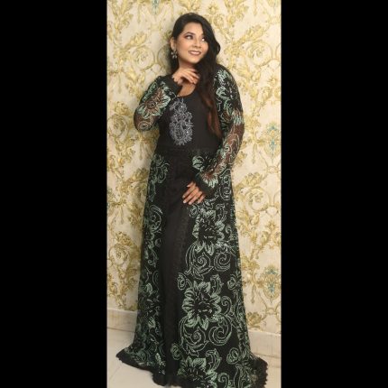 Black Gown With Floral Pattern In Shades Of Green With Pant And Dupatta 40