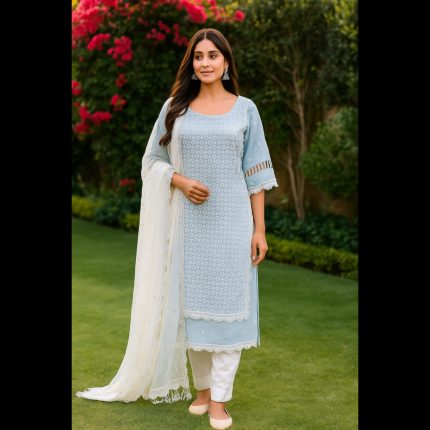 Light Blue & White Embroidered Suit 46