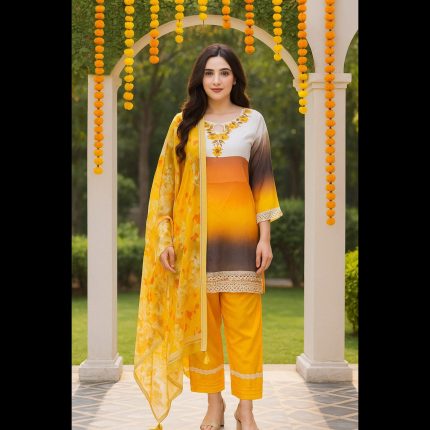 Yellow Top With Embroidery On Neckline With Pant And Dupatta 46
