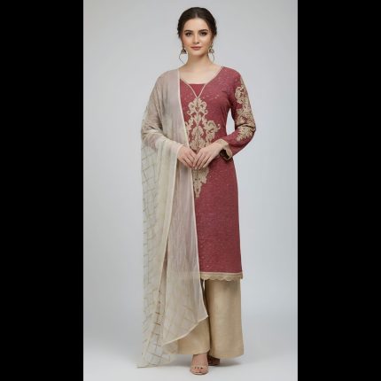 Pink Embroided Top With Jacquard Pant And Dupatta 44