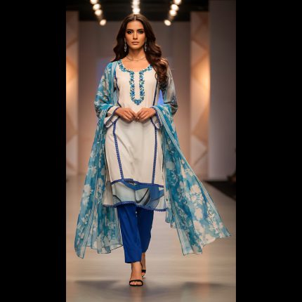 White And Blue Printed Top With Embroidery On Neckline With Pant And Dupatta 44