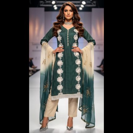Dark Green And Cream Designer Suit With 3 D Floral Pattern 44