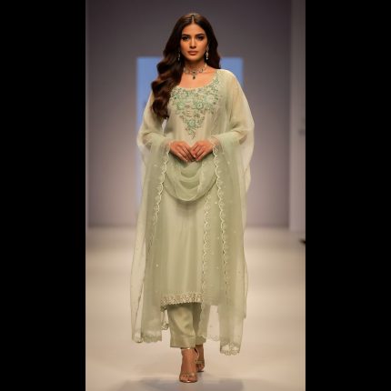 Green Shaded Embroidered Handwork Patch Designer Suit 44