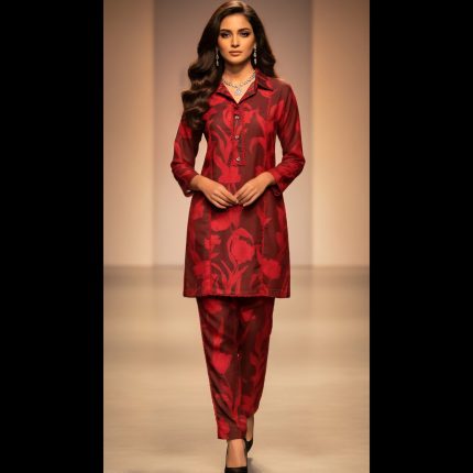 Marron With Red Floral Print Suit 44